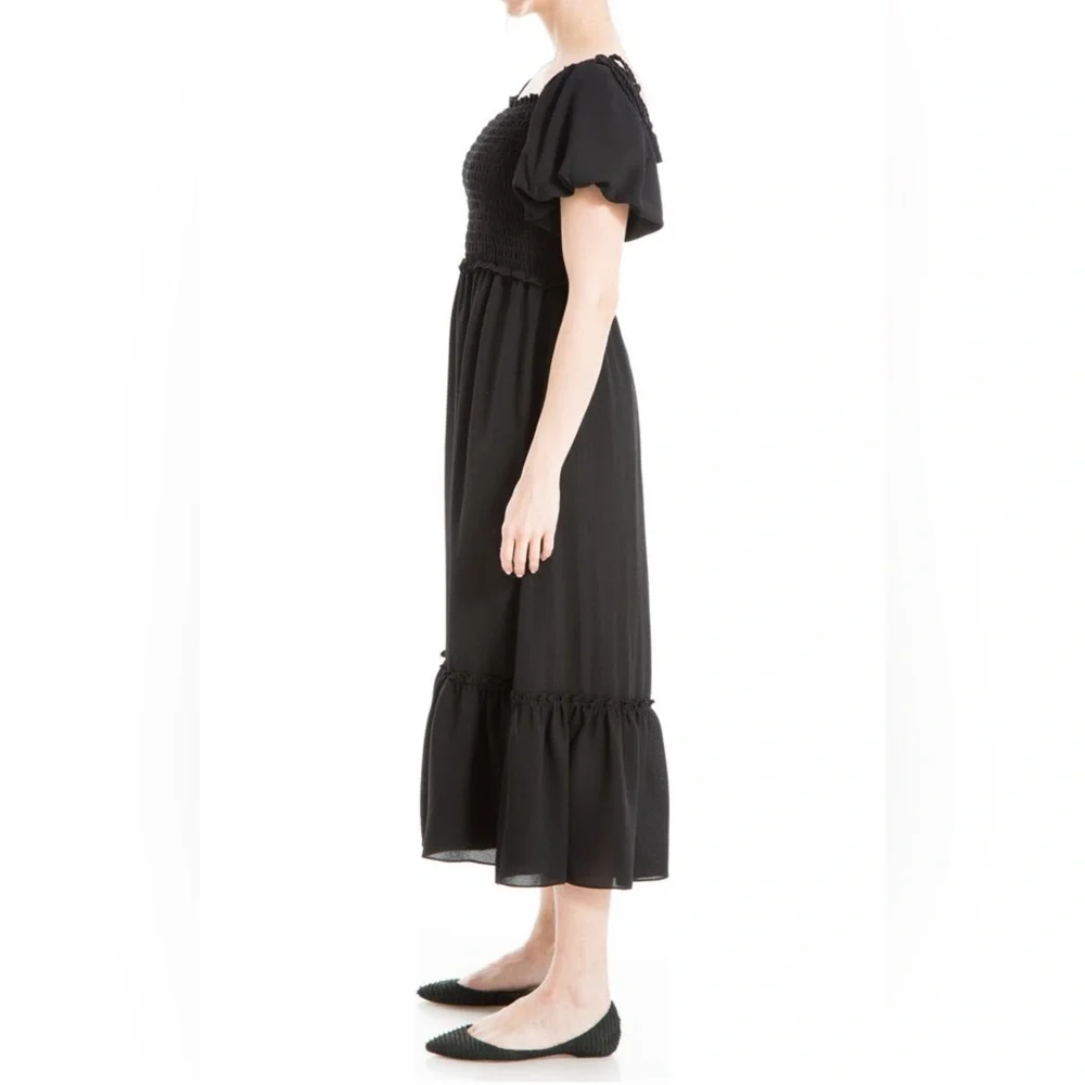 NWT MAX STUDIO Puff Sleeve Smocked Tassels Puff Sleeves Midi Dress in Black - Picture 3 of 9